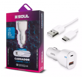 CARGADOR DE AUTO USB+PD FAST CHARGE CON CABLE BLANCO TYPE-C